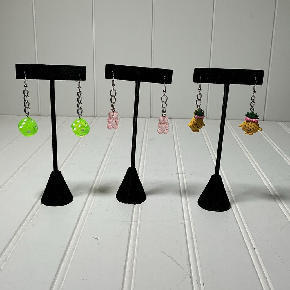 Costume Earrings Dangling Lot of 3 Nickel Free Gummy Bears, Dice, Miss Pineapple